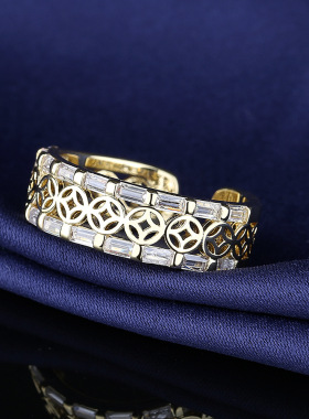 抖音热卖马上有钱戒指铜波浪镶梯方锆石时尚气质个性指环手饰