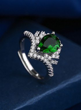 新款豪镶满锆绿色宝石皇冠欧美时尚女钻戒指跨境热卖抖音直播带货