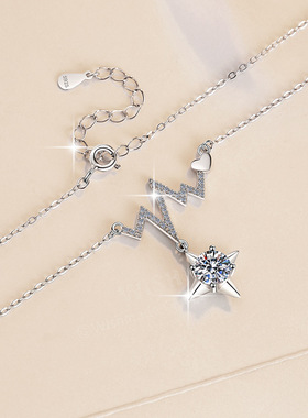 新款925纯银锁骨链ins风心电图星星闪电吊坠1克拉D色莫桑石项链女