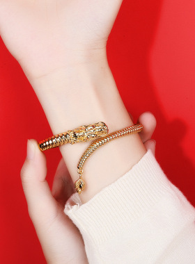 情侣款镀银生肖龙手镯龙形女小众设计感本命年神龙摆尾男款银镯子