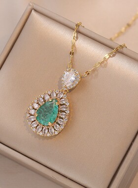 钛钢项链女 新款冰花系列水滴吊坠时尚大气款绿蓝粉冰花石锁骨链