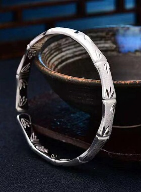 江铭节节高升竹报平安镀银手镯女喷砂磨砂民族风简约竹叶开口古法