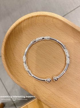 镀银对珠繁花似锦银手镯女实心开口镯子古风小众设计饰品礼物