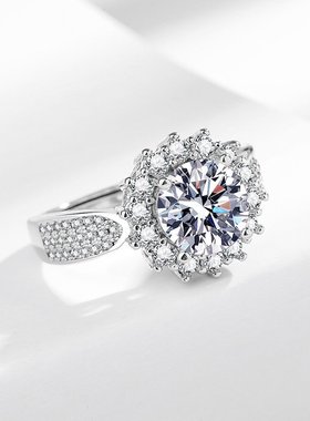 直播外贸超闪奢华满钻两克拉仿D色莫桑石戒指女镀纯银戒指环