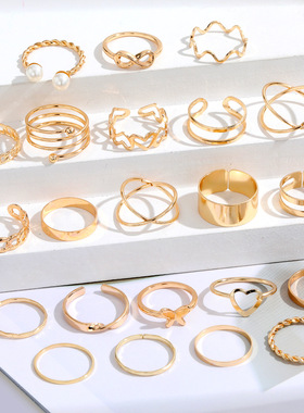 合金跨境蝴蝶戒指开口多关节戒指套装22件套爱心戒指女设计感小众