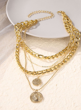 欧美新款饰品多层圆牌吊坠项链女士时尚潮流项饰亚马逊跨境批发