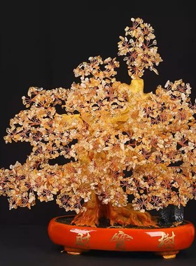 黄水晶绿松石摇钱树桌面摆件客厅办公室玄关公司开业招财装饰礼品