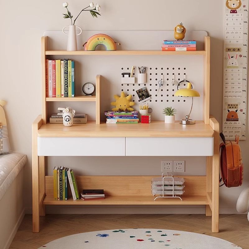 实木儿童学习桌家用带洞洞板书桌书架一体卧室学生写字桌子电脑桌 - 图1