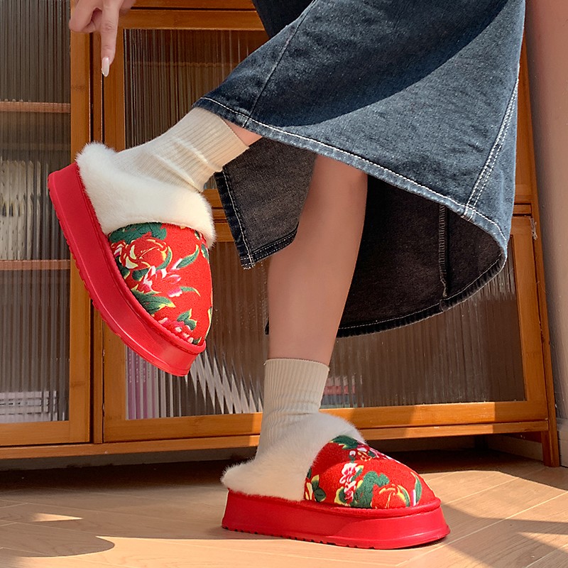 酷如意东北大花棉拖鞋秋冬季室内居家红色喜庆情侣鸳鸯色毛绒拖鞋 - 图0
