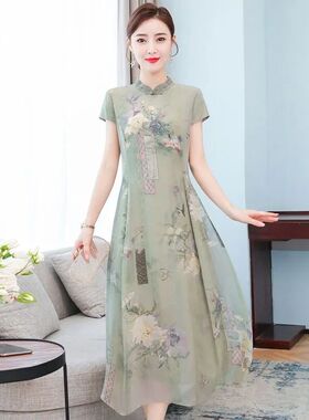 夏2026年新款中年女装旗袍改良版太太长袖妈妈短袖连衣裙气质帽子