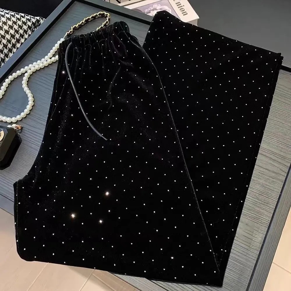 清仓捡漏~黑色金丝绒满天星烫钻阔腿裤女宽松高腰洋气直筒裤长裤,淘宝优惠券,粉丝福利购,淘宝优惠卷