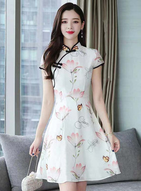 夏季新款复古改良旗袍印花气质连衣裙女中国风修身显瘦仙女裙帽子