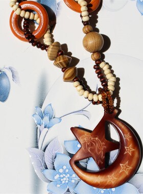 复古项链女民族风长款毛衣链木质大吊坠佛珠女时尚百搭配饰品夏季