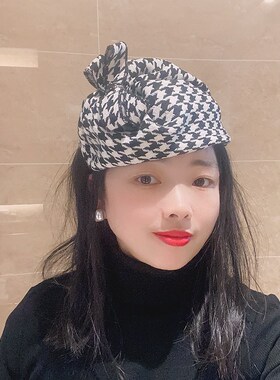 复古优雅波点蕾丝网纱半帽发箍春夏百搭遮发际线小帽子黑色绢纱