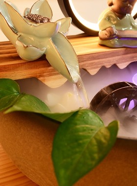 中式招财陶瓷鱼缸摆件桌面风水A轮流水喷泉客厅加湿器氛围灯装饰
