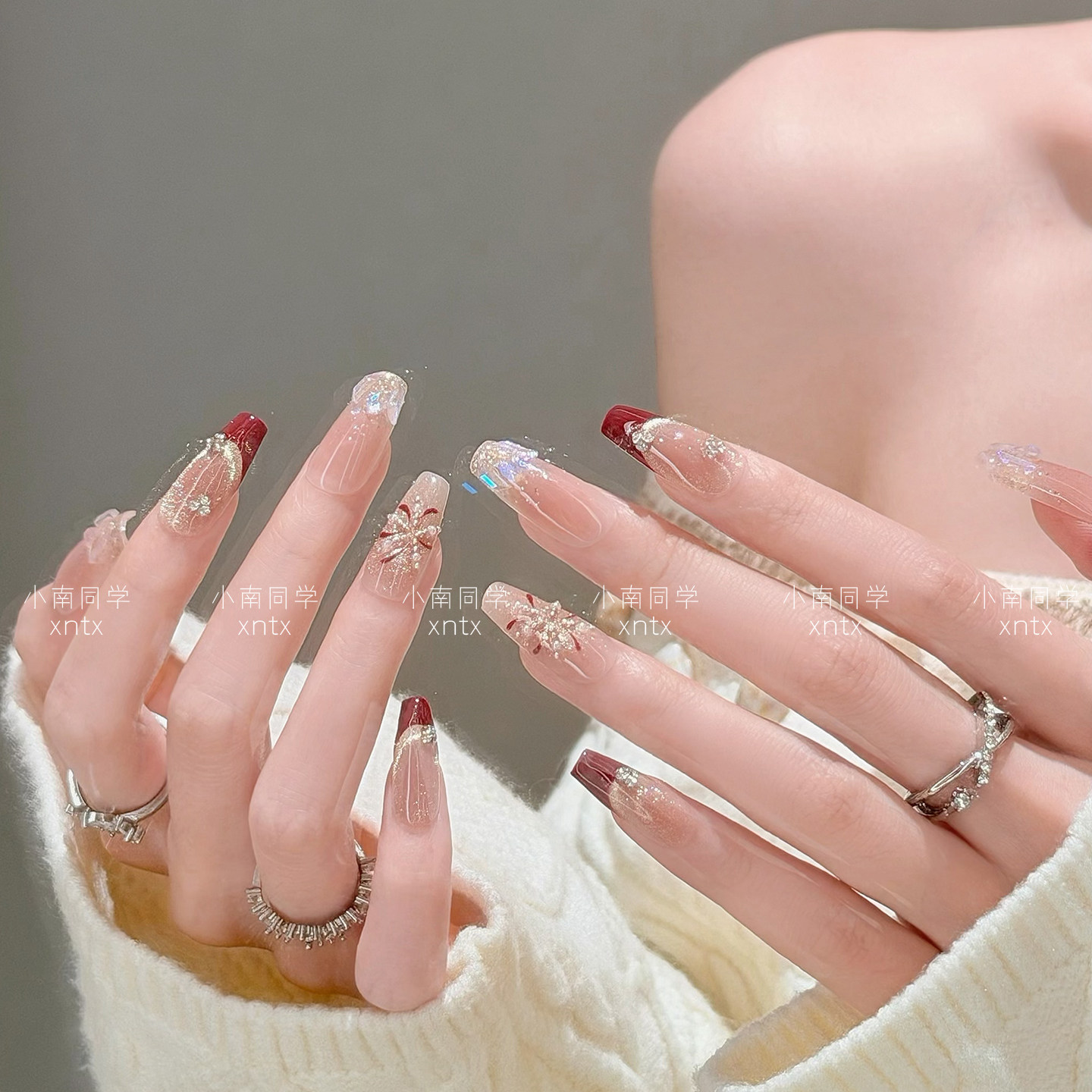 秋冬新款爆闪珍珠烟花红色法式极光钻猫眼美甲成品手工定制穿戴甲 - 图0