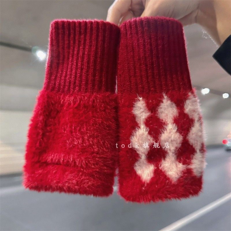 ins韩系加绒简约加绒毛绒半截半指手套新款保暖秋冬款手袜可触屏,淘宝优惠券,粉丝福利购,淘宝优惠卷