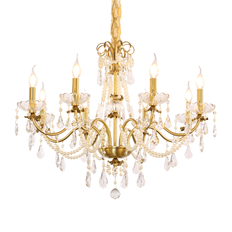 法式珍珠水晶全铜复古吊灯vintage中古美式欧式别墅客厅卧室吊灯