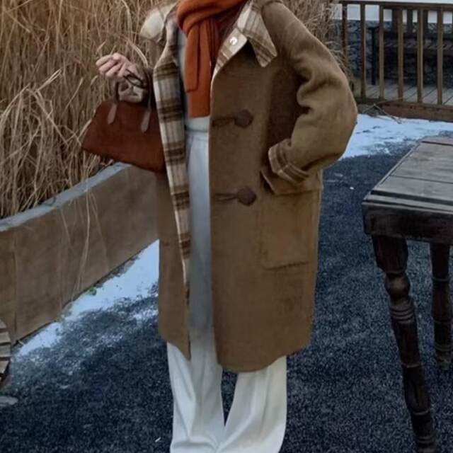 牛角扣连帽双面羊绒大衣女中长款2025秋冬新款宽松格子羊毛外套