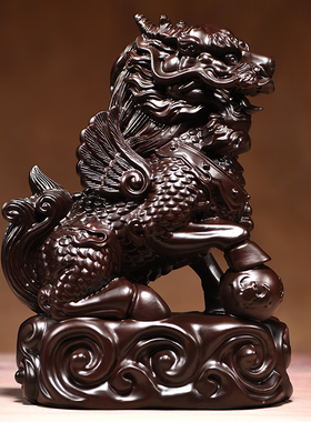 黑檀木雕招财纳福客厅麒麟摆件
