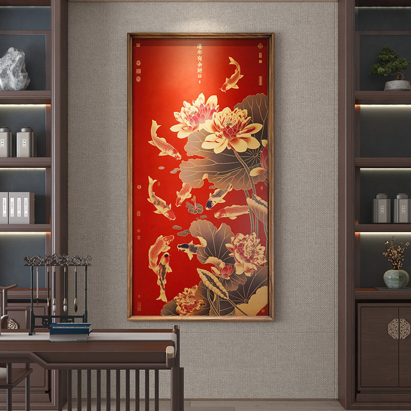 入户挂玄关装饰画荷花九鱼图高端轻奢挂画走廊过道实木铜雕招财画