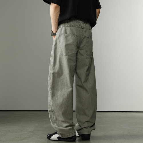 美式弯刀牛仔裤男士夏季新款水洗宽松阔腿工装裤纯棉直筒休闲裤子 - 图3