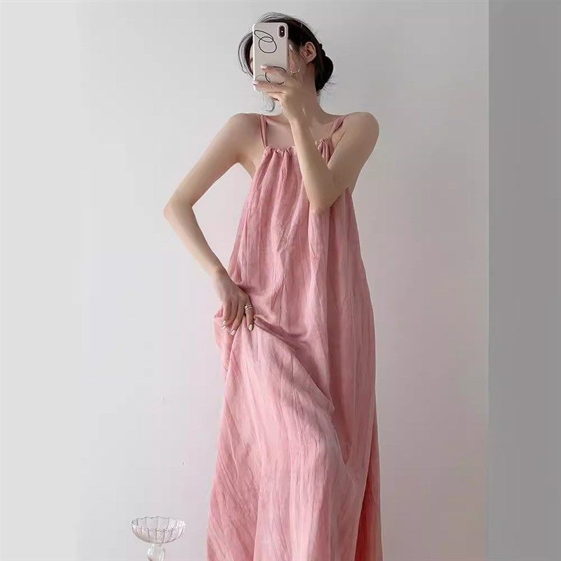 多巴胺粉色晕染吊带连衣裙女夏季显瘦气质大摆裙沙滩度假无袖长裙,淘宝优惠券,粉丝福利购,淘宝优惠卷