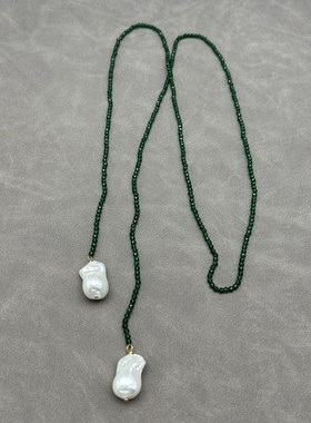 时尚超长珍珠绿尖晶串珠项链女长款毛衣链小众设计感气质颈链配饰