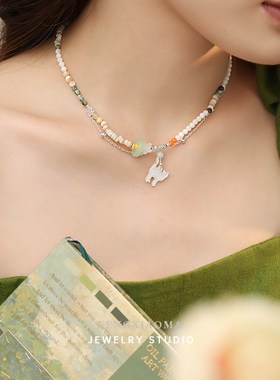 彩色多巴胺双层串珠猫咪项链配饰女独特简约可爱百搭小清新锁骨链