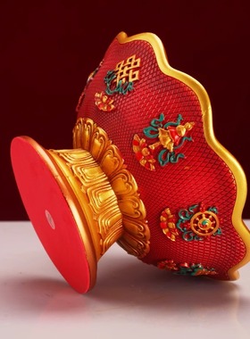 树脂八吉祥高脚钵浮雕花钵碗藏式用品果盘菩萨摆件红黄色碗盆