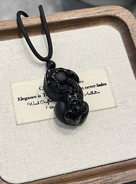 收藏级黑曜石霸王招财貔貅吊坠纯黑磨砂转运生肖项链男女情侣礼物