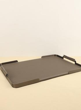 简约木质长方形皮革托盘摆件样板间简约家居客厅茶几金属收纳果盘