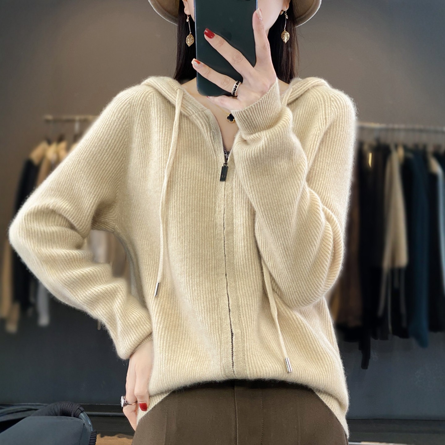 时尚朗姿秋冬新款慵懒风毛衣外套宽松连帽抽条拉链羊绒针织女开衫,淘宝优惠券,粉丝福利购,淘宝优惠卷