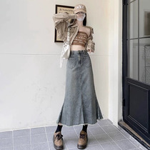 Retro Denim Half Body Dress Woman Spring Autumn New Big Code Pear-shaped Stature High Waist Display Slim Slim Mid-Hair Side Fish Tail Skirt