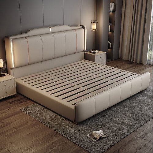 意式轻奢新款带灯真皮床现代简约高端大气主卧1.8米双人床储物床 - 图1