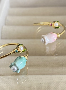 手工珐琅小众设计款渐变郁金香珍珠不对称开口戒指可调节精致百搭
