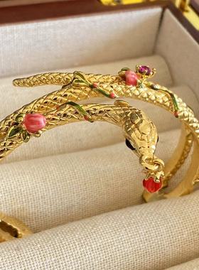 法国珐琅花朵藤蔓缠绕立体蛇戒指精致时尚指环饰品