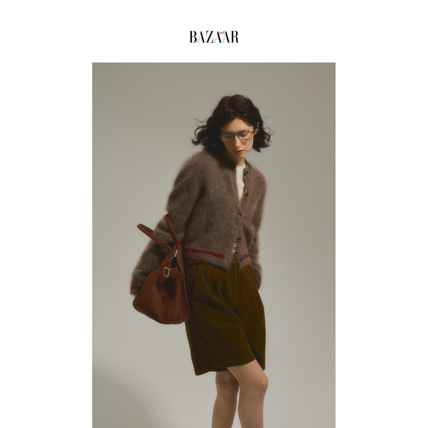 BAZAAR RED时尚芭莎红 马海毛撞色针织开衫女春秋季复古时尚毛衣