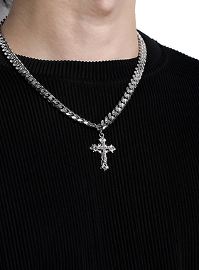 钛钢钛钢古巴链中性十字架吊坠