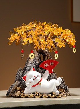 发财树招财猫摆件高档新中式客厅玄关书房装饰品乔迁新居开业礼物