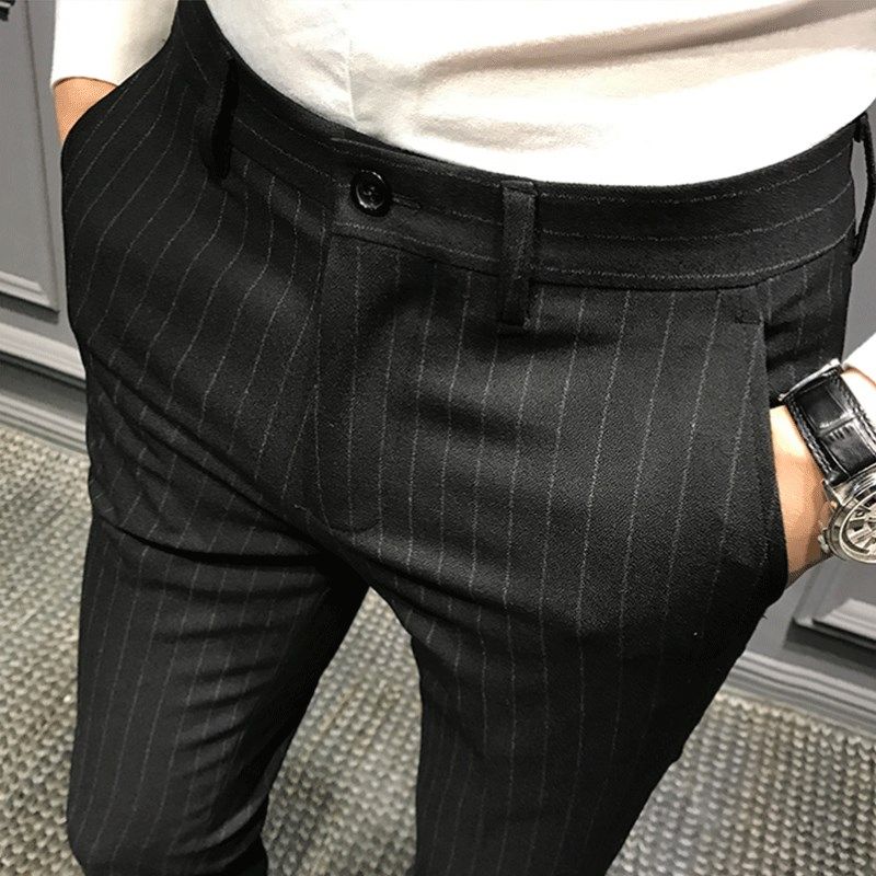 黑色竖条纹小西裤男九分裤夏季修身小脚休闲西装长裤弹力胖子大码,淘宝优惠券,粉丝福利购,淘宝优惠卷