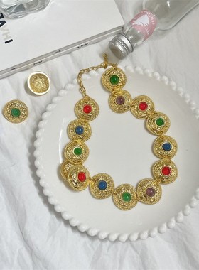 复古圆形项链i套装彩色拼接圆环毛衣链潮锁骨链