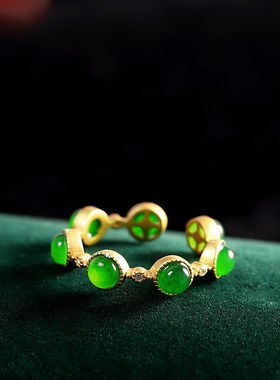 时来运转镀古法金工艺绿碧玉玉髓戒指开口食指保色戒女简约