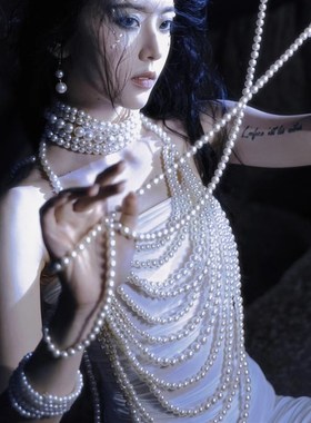 古装汉服肩链宫廷复古珍珠背心婚纱礼服身体链走秀T台影楼拍摄