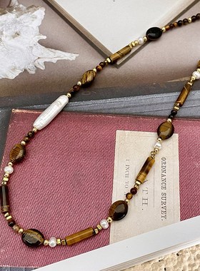 天然淡水珍珠虎眼锁骨链天然石串珠颈链美拉德色文艺感轻奢项链女