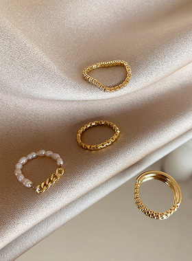 小众设计淡水珍珠锆石链条素圈戒指套装女简约百搭气质指环冷淡风