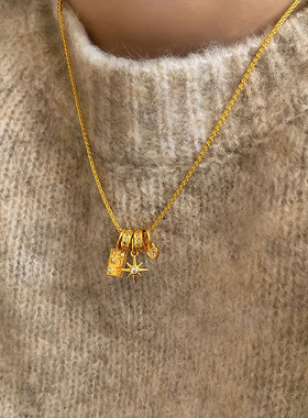 轻奢爱心方牌星芒吊坠项链女中古优雅时尚气质潮流百搭颈链毛衣链