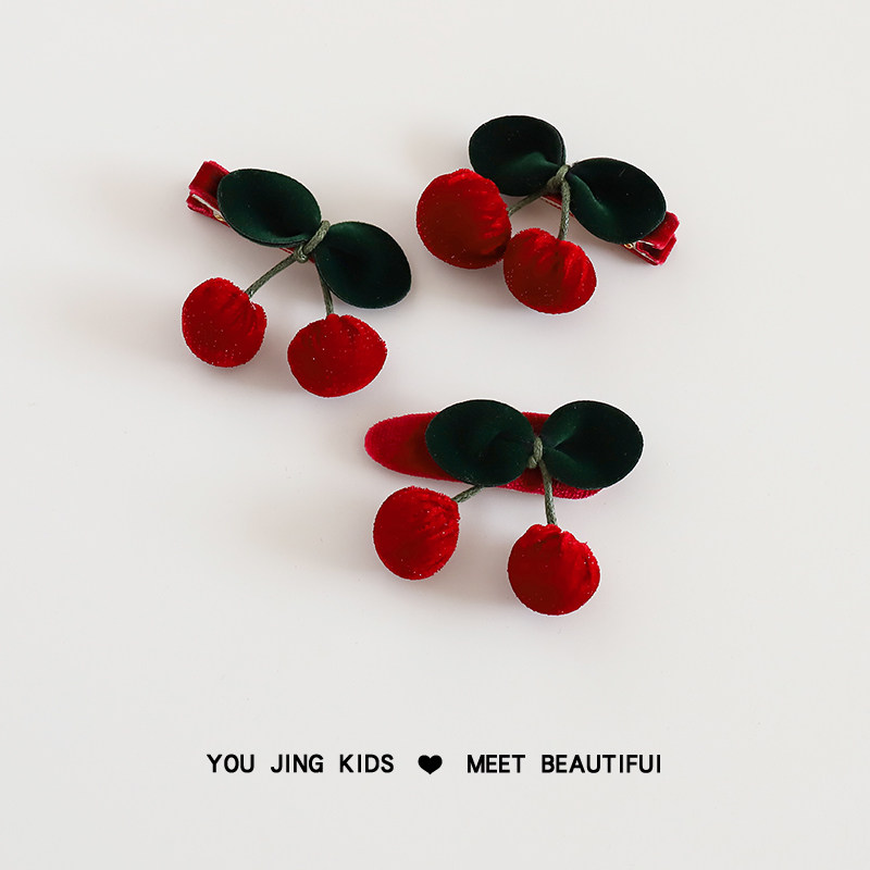 韩版丝绒樱桃儿童发夹酒红色新年可爱刘海夹女童发卡甜美女孩头饰,淘宝优惠券,粉丝福利购,淘宝优惠卷