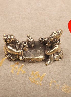 复古实心纯黄铜办公桌面车载小摆件老人棋道随身工艺品手把玩件