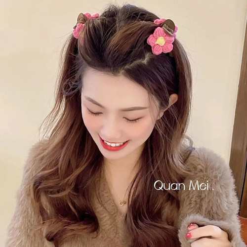 秋冬糖果色花朵毛绒抓夹小号发夹后脑勺毛线发抓发卡毛毛夹子头饰 - 图3